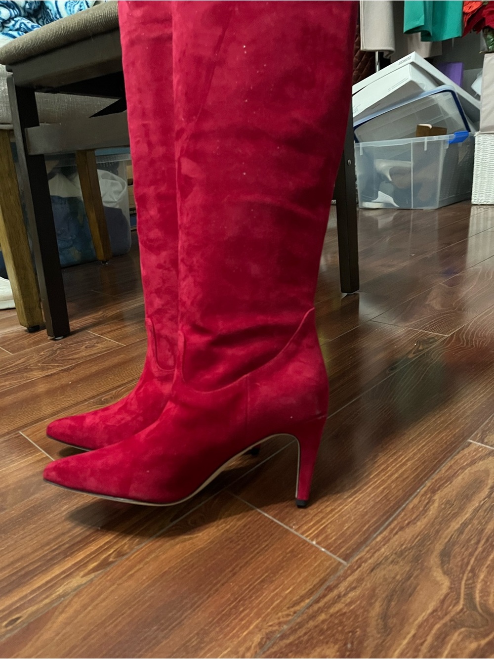 Via Spiga Red Suede Pointed-Toe Knee-High Heeled Boots